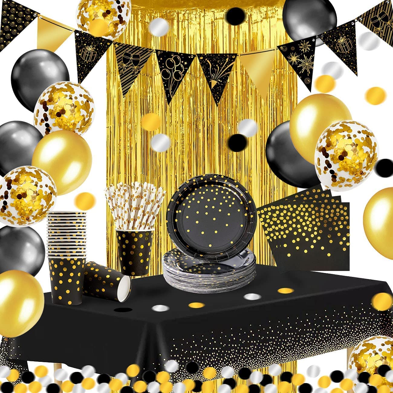 iZoeL 30 Guests Black Gold Birthday Party Decorations for Men Women, Birthday Tableware Curtain Tablecloth Plates Napkins Cups Straws 10g Confetti Birthday Balloon Cake Topper