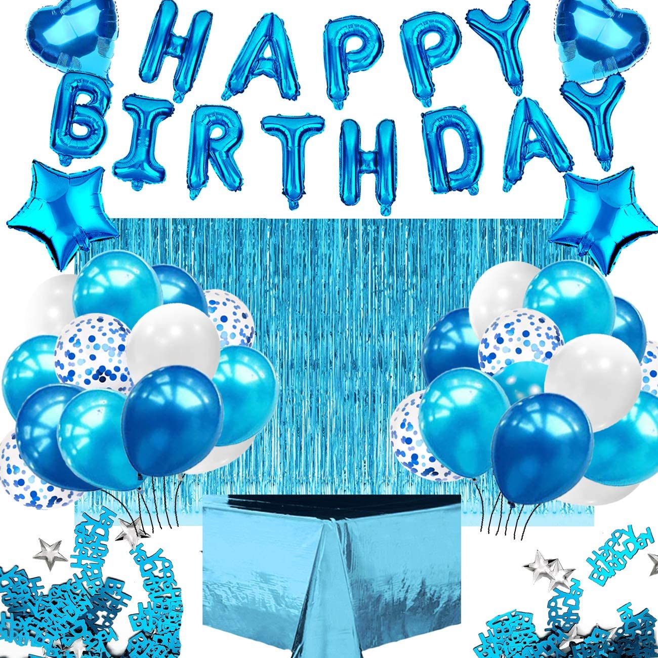 iZoeL Blue Birthday Decoration for Boys, Happy Birthday Banner, Foil Fringe Curtain Tablecloth, Heart Star Confetti Balloons with 10g Birthday Table Confetti for Baby Shower Men Kids