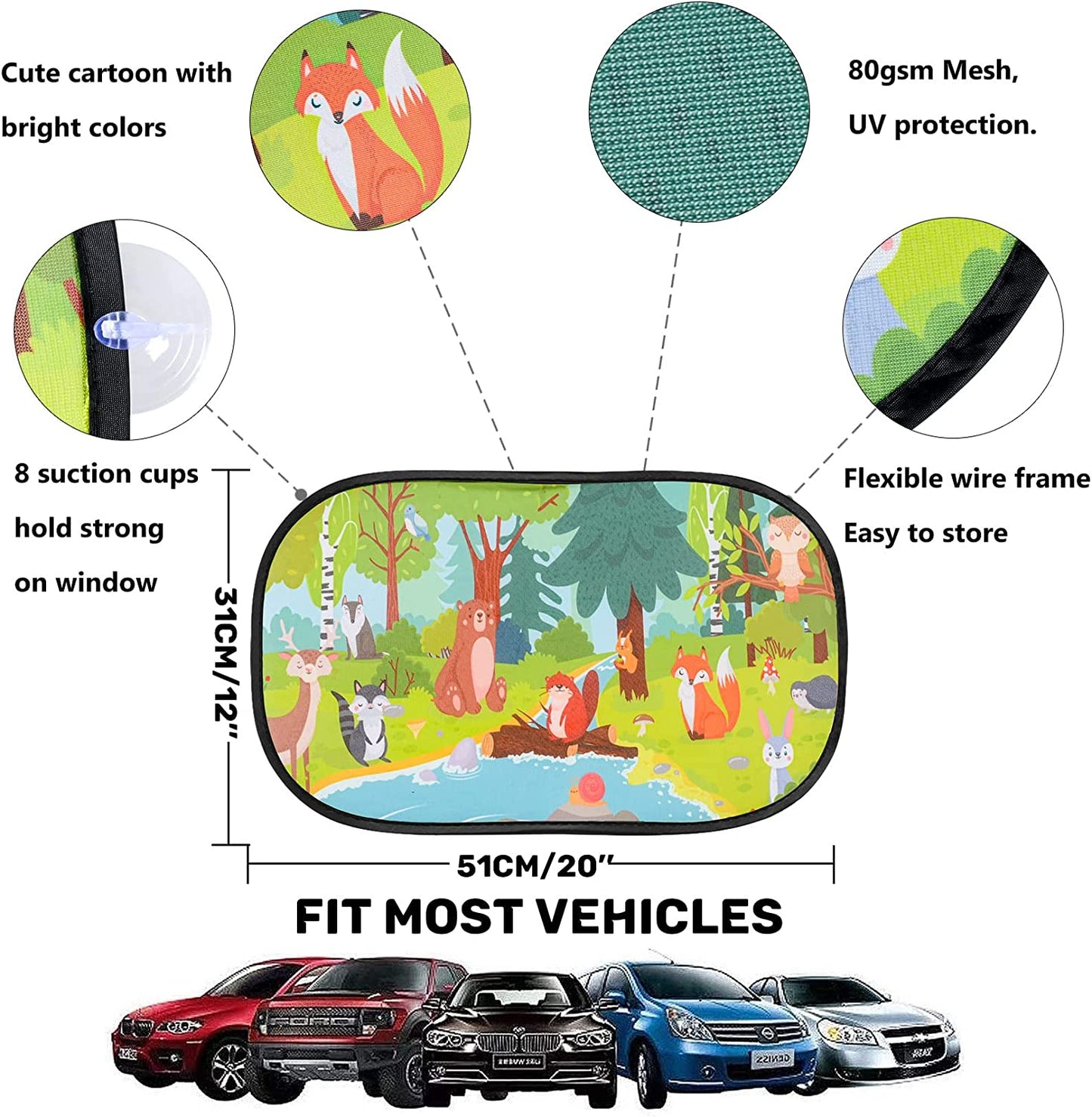 iZoeL Car Sun Shade for Baby Kids 2 Pack, Static Cling Side Window Car Annimal Lion, 80GSM Rear Sunshades Universal with 8 Suction Cups and Storage Bag - Sun Glare and UV Rays ProtectionProtection