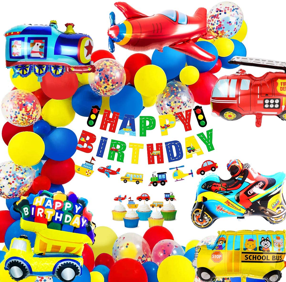 iZoeL Birthday Decoration for boys Happy Birthday Banner Cars School Bus Train Fire Truck Motorcycle Plane Balloons Transport Vehicles Cake Topper Kids 1st 2nd 3rd 4th