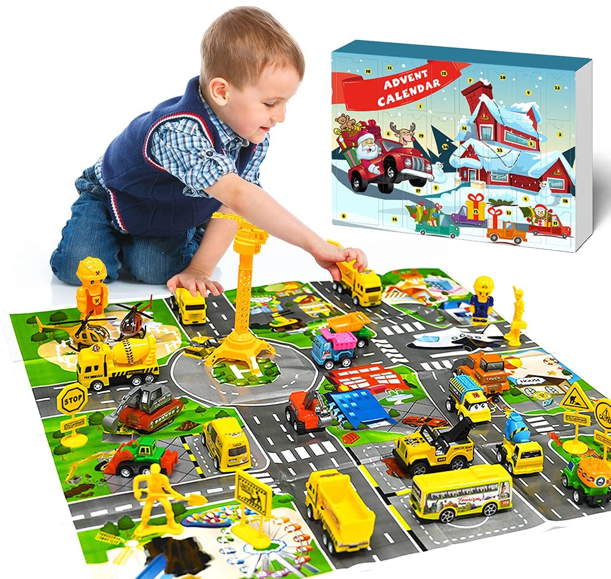 iZoeL Cars Advent Calendar Boy Kids 2021, 24 Pull Back Vehicles as Construction Vehicles School Cars Crane with Game Map for Son Grandson - 24 Christmas Countdown Days to Holiday, Xmas Surprise Gift