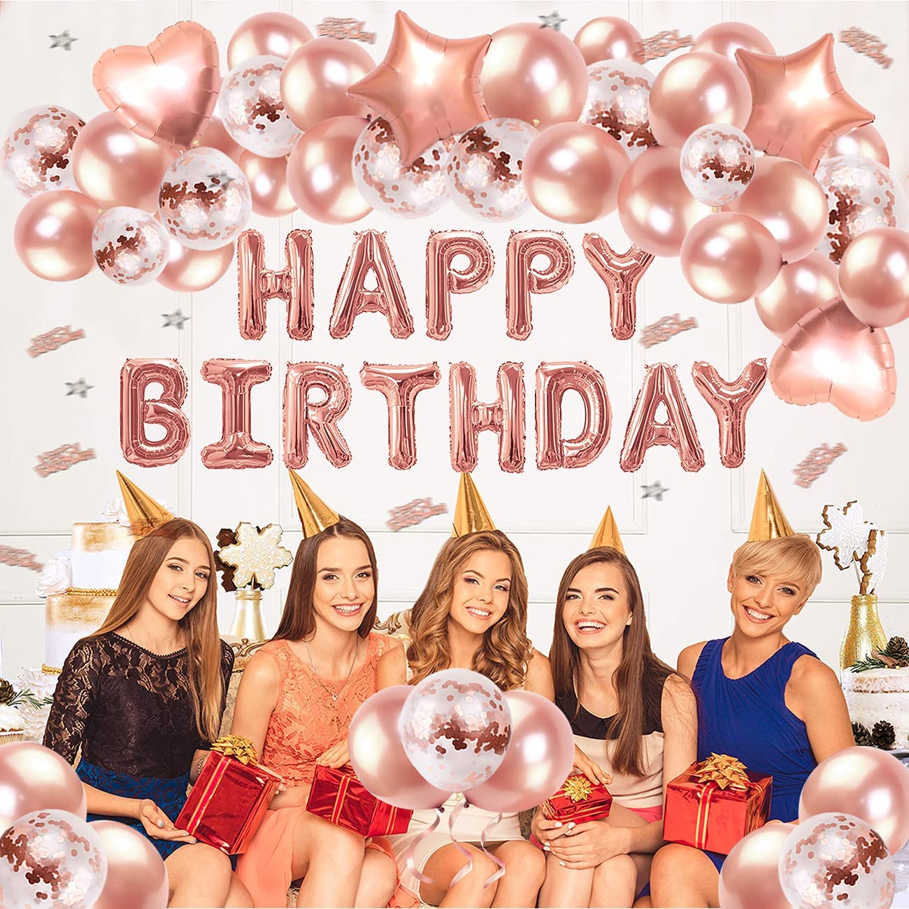 iZoeL Rose Gold Birthday Decoration for Girls Women, 13pcs Happy Birthday Banner Balloons, 6pcs Heart Star, 50pcs Latex Confetti Balloons Ribbons 10g Table Confetti Anniversary Party Accessories