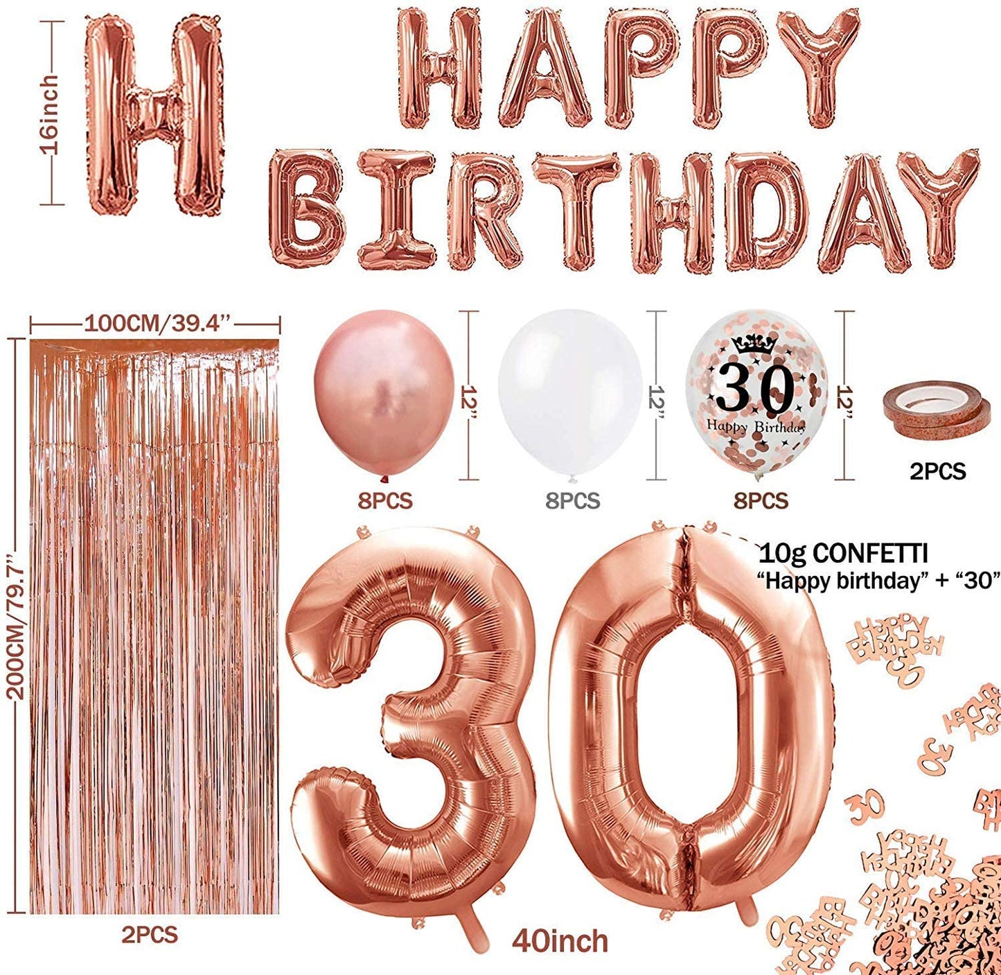 iZoeL 30th Rose Gold Birthday Party Decoration, Happy Birthday Banner, Helium Number Balloon 30 XXL, 2 Rose Gold Fringe Curtain, Latex Confetti Balloon, Table Confetti Girl Women Anniversary