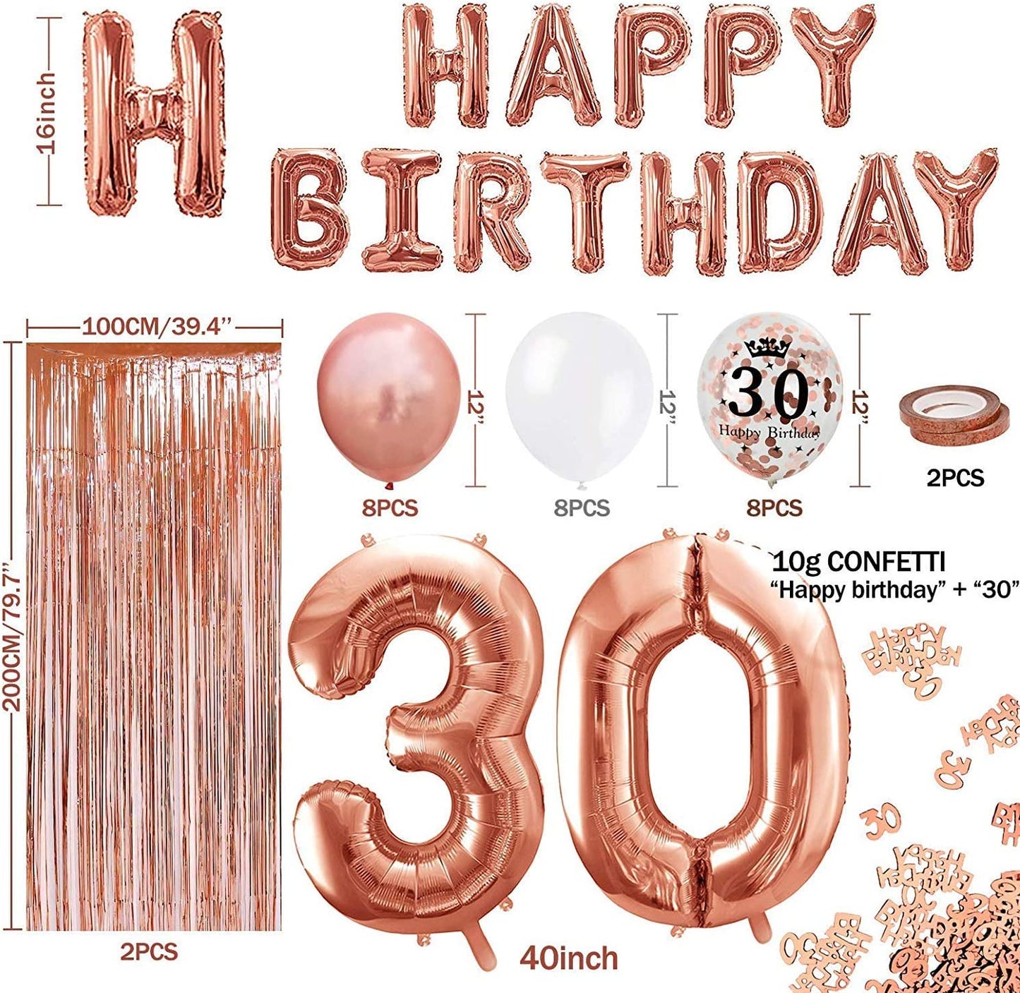 iZoeL 30th Rose Gold Birthday Party Decoration, Happy Birthday Banner, Helium Number 30 XXL, 2 Rose Gold Fringe Curtain, Latex Confetti Balloon, Table Confetti Girl Women Anniversary
