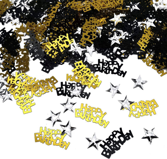 iZoeL Birthday Table Confetti Bag 30g incl. Black Gold Happy Birthday Confetti (240pcs) Silver Star Confetti Sequin(350pcs) for Boys Girls Women Men Birthday Party Table Decoration