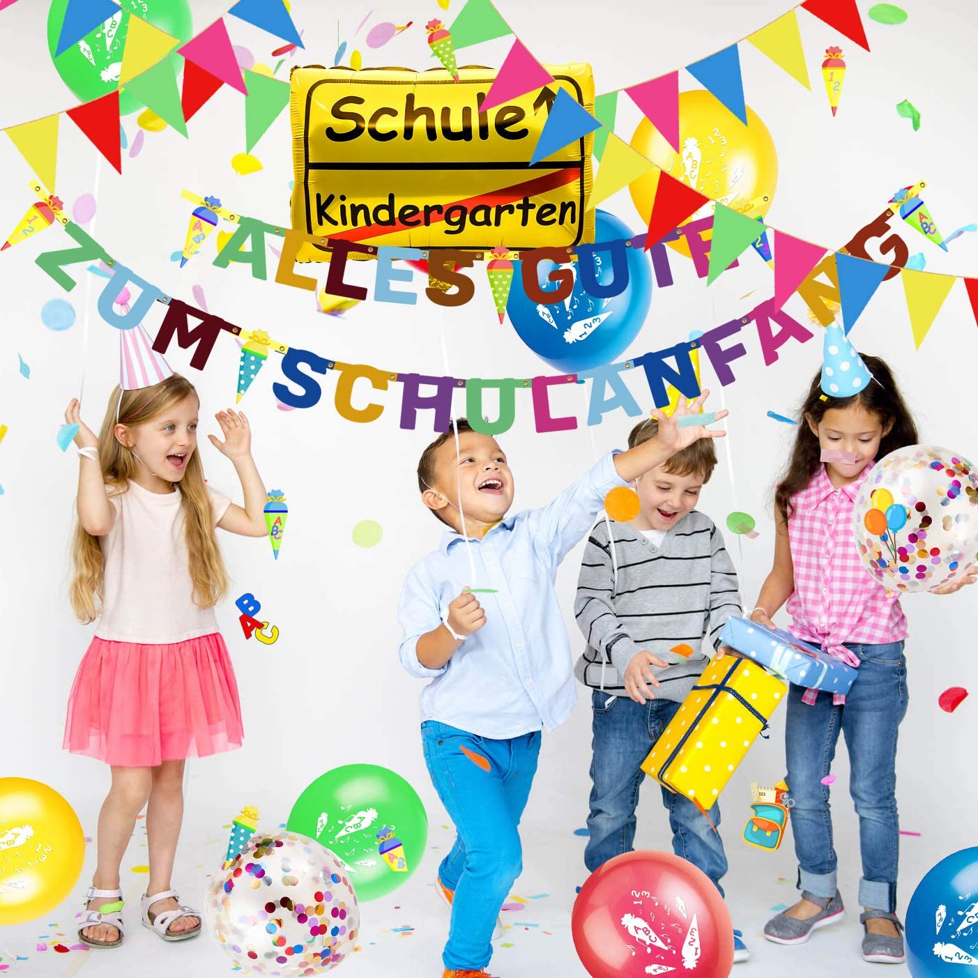 iZoeL Schuleinführung Schulanfang Einschulung Deko Alles Gute Zum Schulanfang Girlande + 10m Wimpelkette + Folienballon + 15 Luftballon + 123 ABC Konfetti für Junge Mädchen