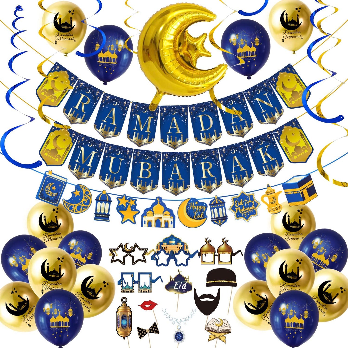 iZoeL Ramadan Decorations for Home Ramadan Mubarak Decor Eid Decorations Ramadan Balloons Banner Garland Party Glasses Photo Booth Props Hanging Swirl - Restaurant Garden Decor