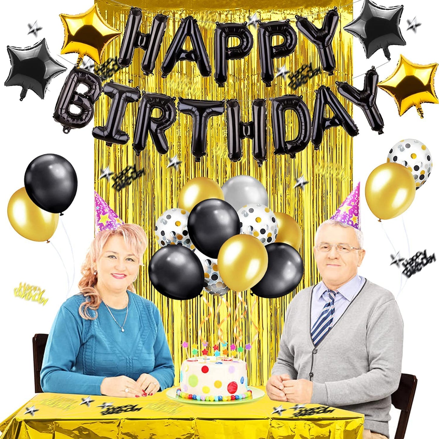iZoeL Birthday Decorations for Men Women, Black Gold Happy Birthday Banner Balloons, Fringe Curtain, Foil Tablecloth, Heart Star Confetti Balloons and 10g Table Confetti