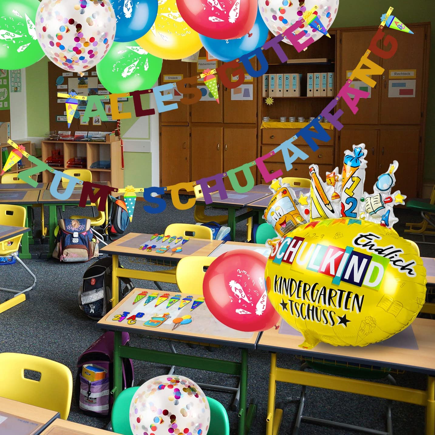 iZoeL School Decoration Boy Girl Finally School Child Foil Balloon "Alles Gute zum Schulanfang" Garland Balloon School Decoration