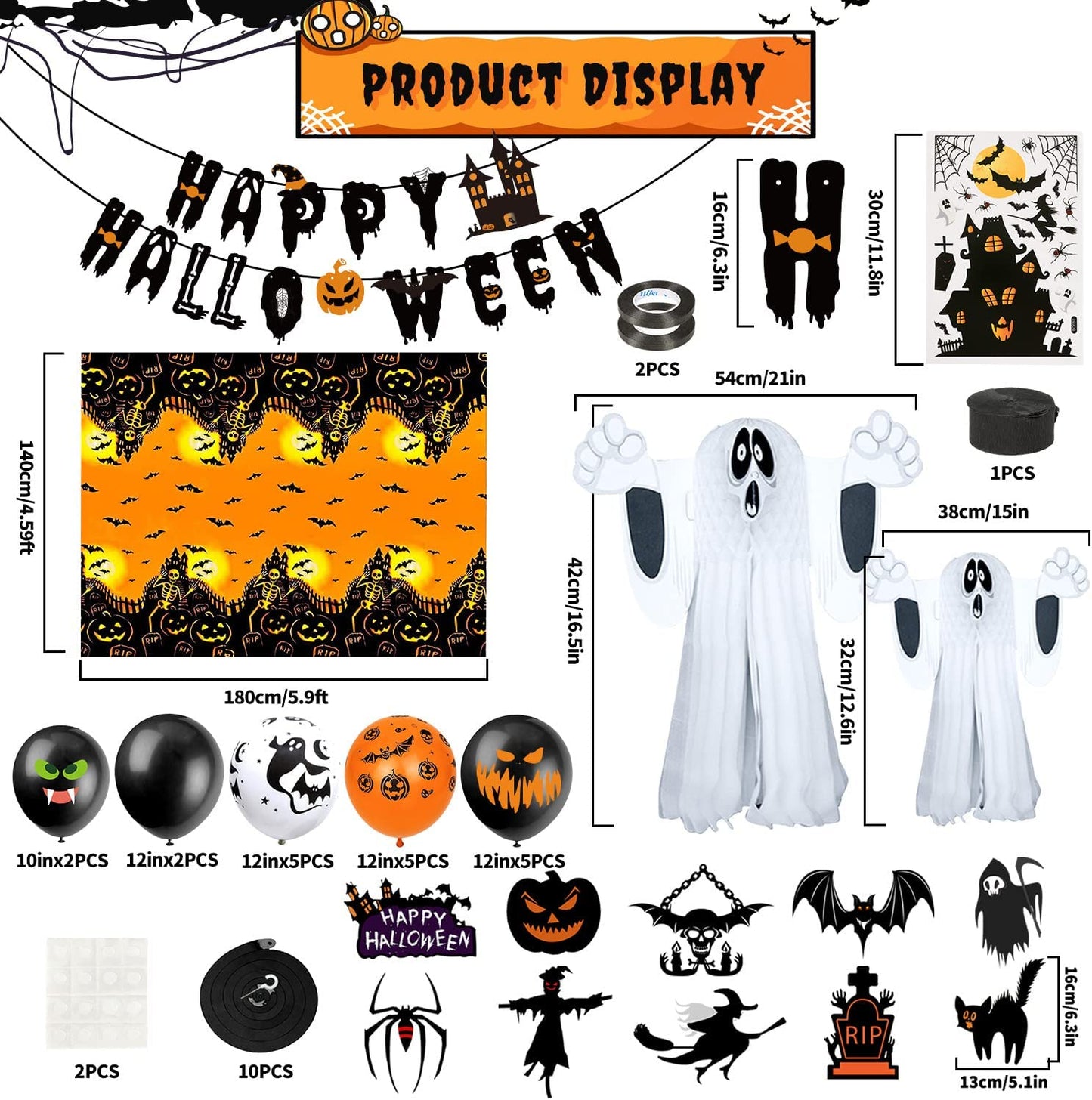 iZoeL Spooky Halloween Balloon Party Decoration Pull Flag Spiral Tablecloth Sticker Spider Crepe Paper