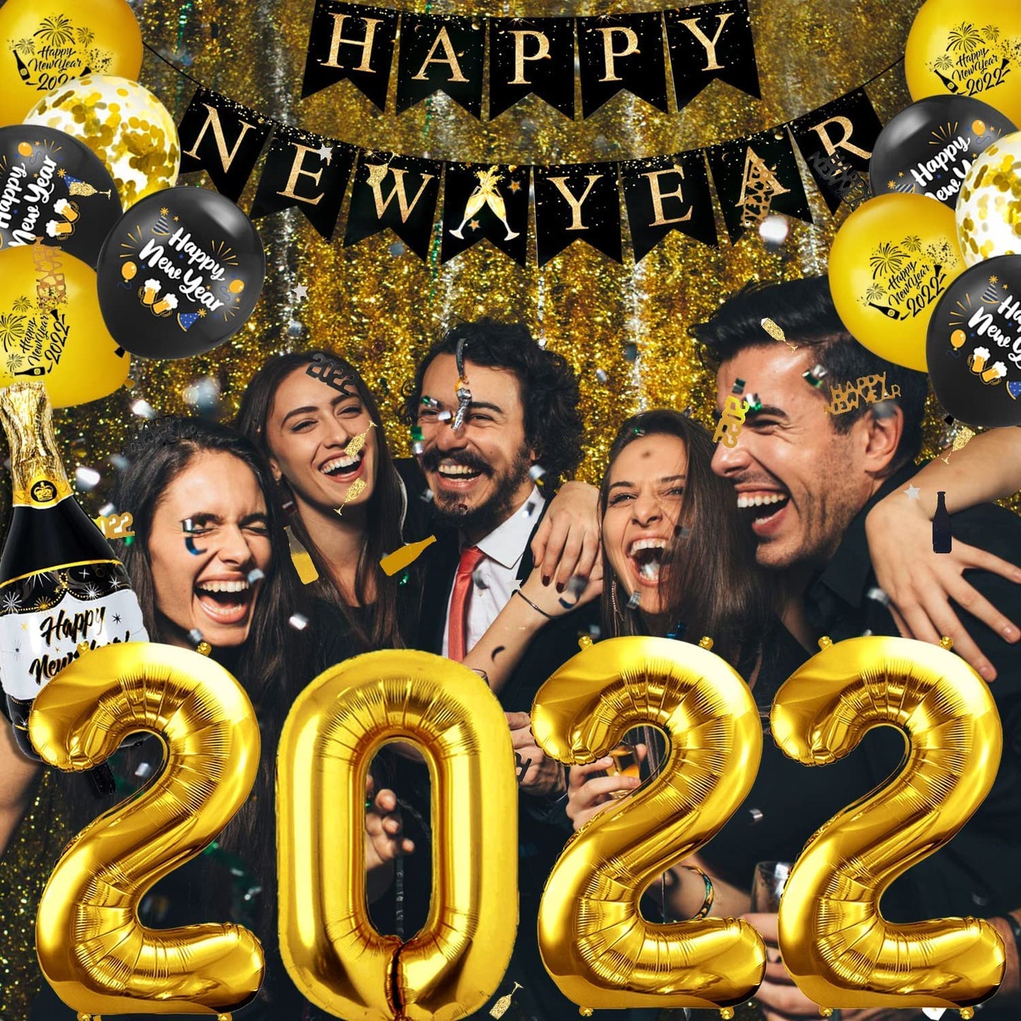 iZoeL Happy New Year Decorations 2022 XXL, Black Gold Happy New Year Banner, 32'' 2022 Numbers, Bottle Champagne Balloons, 2022 Confettis