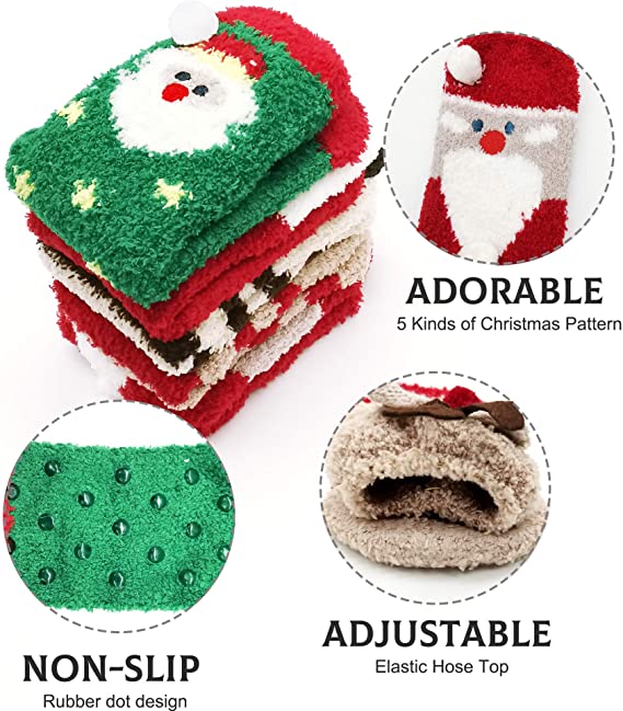 iZoeL 5 pairs Christmas Socks Fluffy Non Slip with Rubber Socks Novelty Funny House Socks Winter Socks Warm Socks Advent calendar Fillers New Year Gift for Women Kids Adults Kids