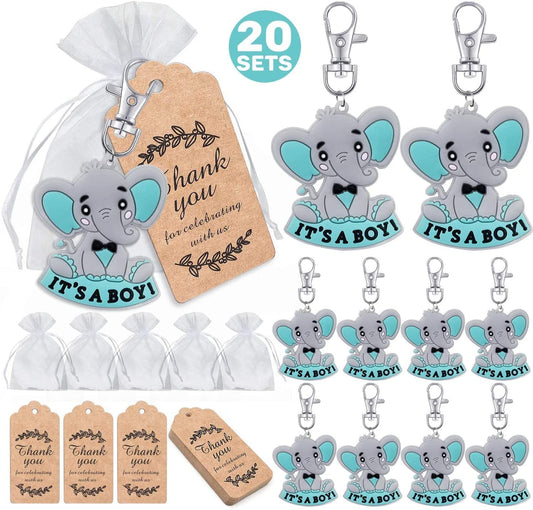 iZoeL 20 Sets 20 Sets It's a Boy Baby Shower Return Favors for Guests, Blue Baby Elephant Keychains + Organza Bags + Thank You Kraft Tags for Elephant Theme Party Favors, Boys Kids Party Supplies