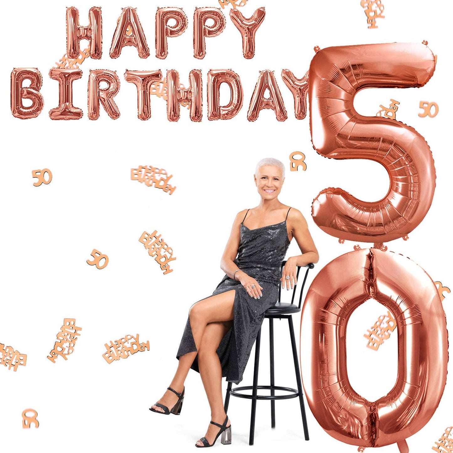 iZoeL 50th Rose Gold Birthday Party Decoration Happy Birthday Banner Helium Number Balloon 50 XXL, 2 Rose Gold Fringe Curtain Latex Confetti Balloon Table Confetti Girl Women Anniversary