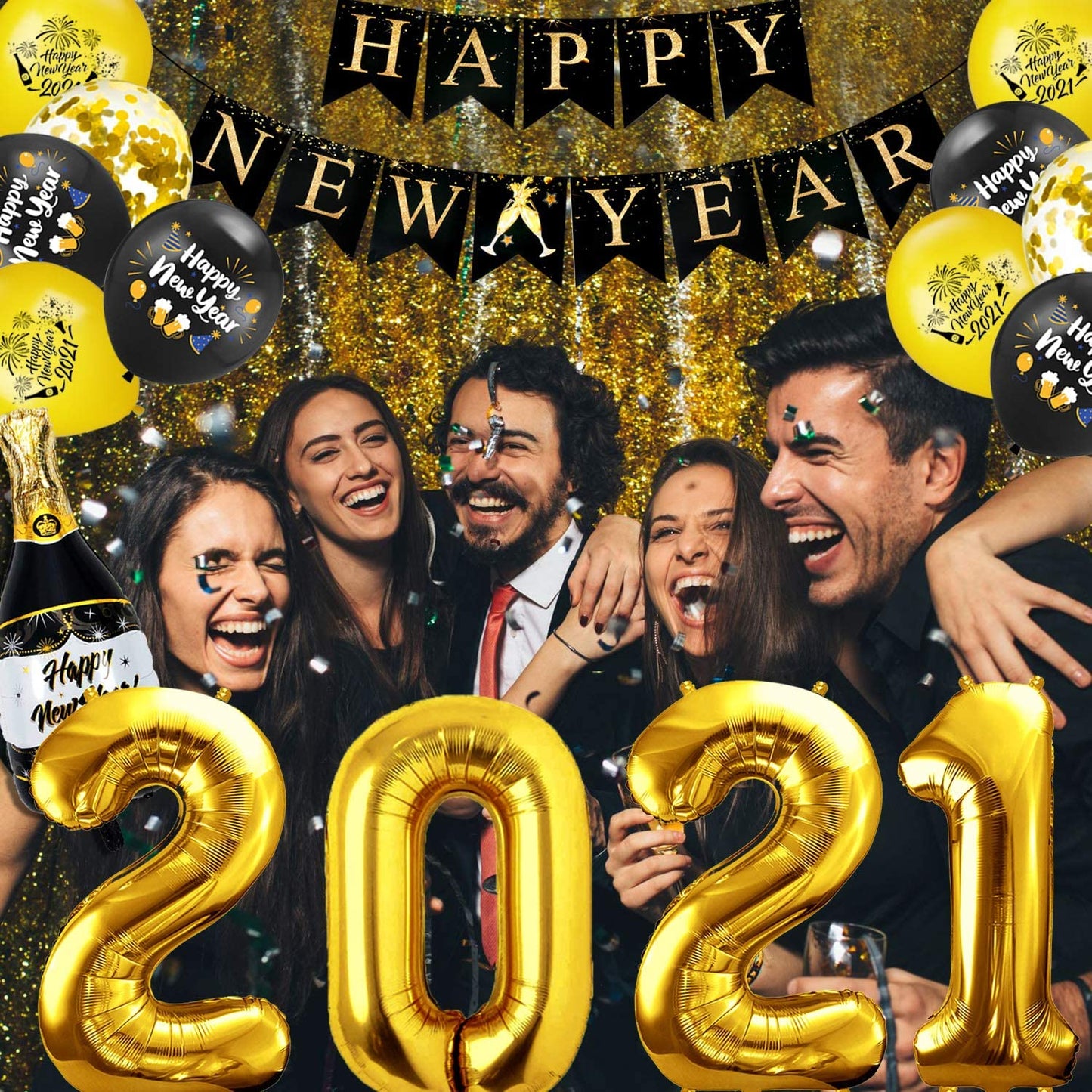 iZoeL Happy New Year Balloon 2021 XXL Set, Black Gold Happy New Year Banner, XXL 2021 Numbers, Bottle Champagne Black Gold Confetti Balloons for New Year's Eve Party Decoration (Black Gold)