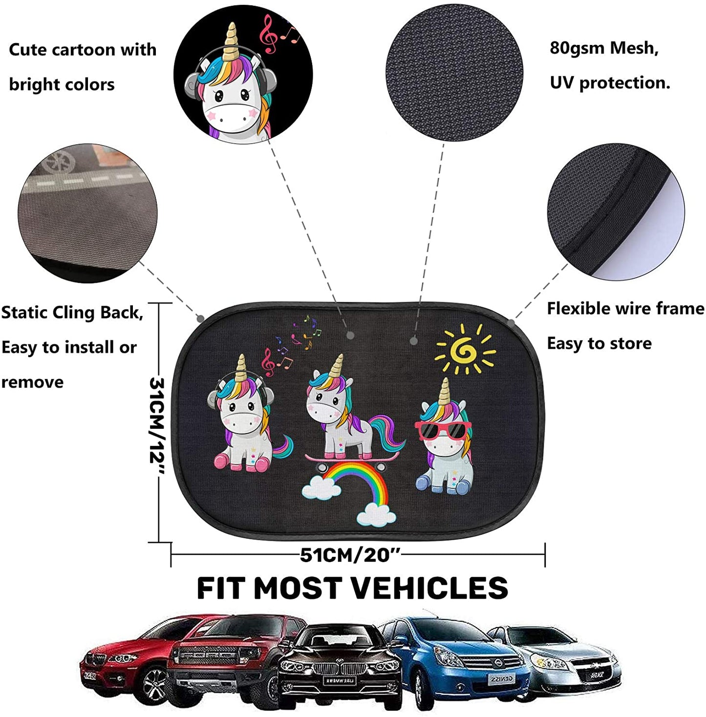 iZoeL Car Sun Shade for Baby Kids 2 Pack Static Cling Side Window Car 80GSM Rear Sunshades Universal with 8 Suction Cups and Storage Bag - Sun Glare and UV Rays Protection (Unicorn)