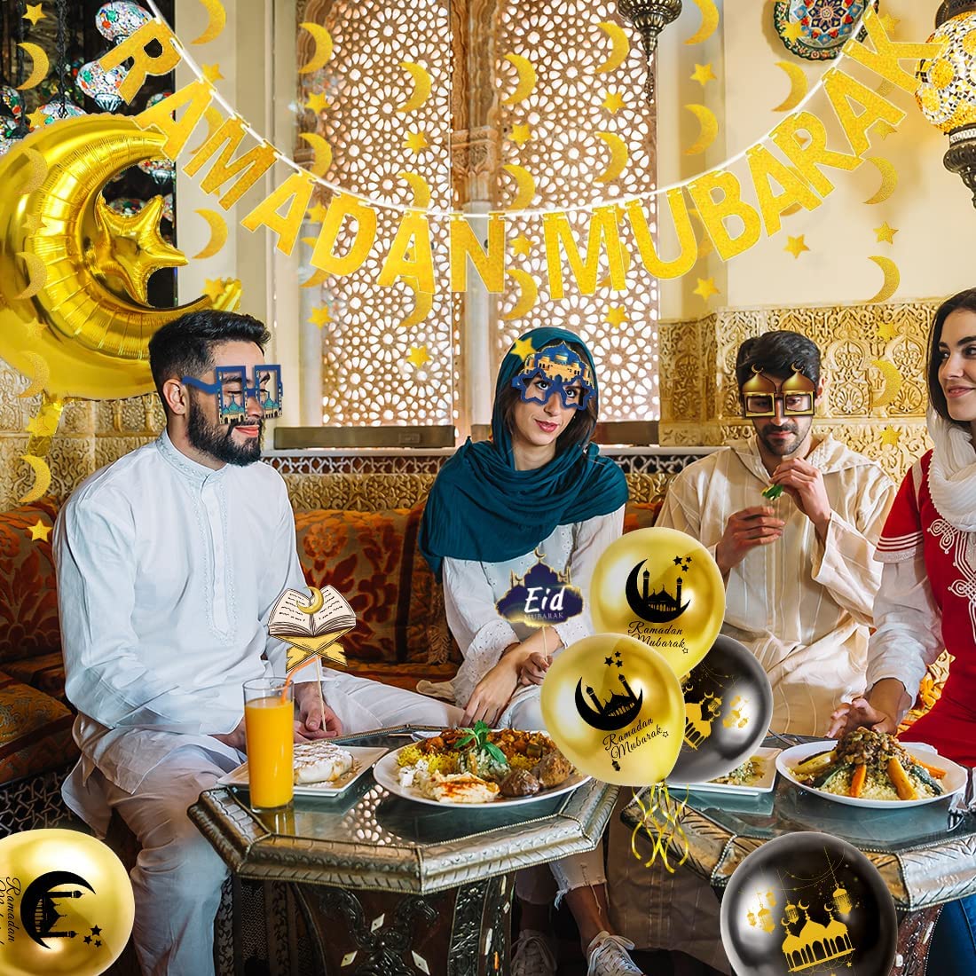 iZoeL Ramadan Decorations for Home Ramadan Mubarak Decor Eid Decorations Ramadan Balloons Banner Moon Star Garland Party Glasses Photo Booth Props for Restaurant Garden Decor