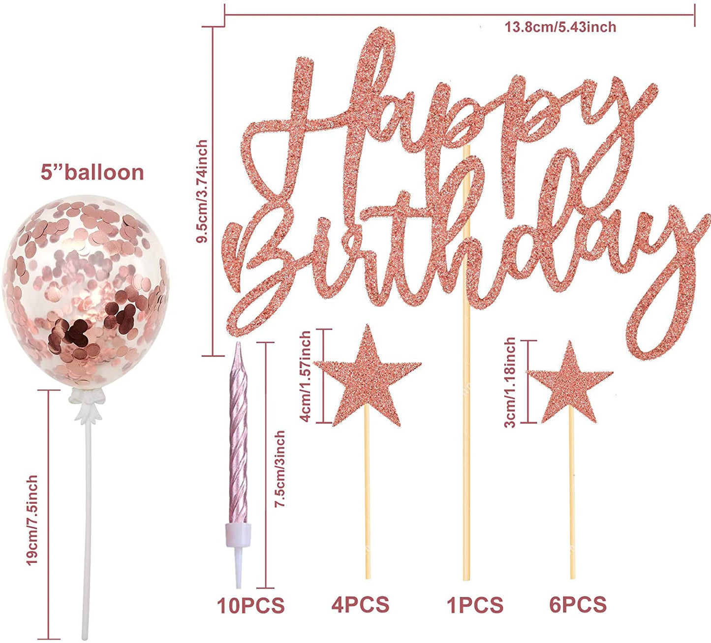 iZoeL Rose Gold Cake Topper Decorations Happy Birthday Banner Star Cake Cups Confetti Balloon Candle for Woman Man Girl Boy Birthday Party Favour (Rose Gold)
