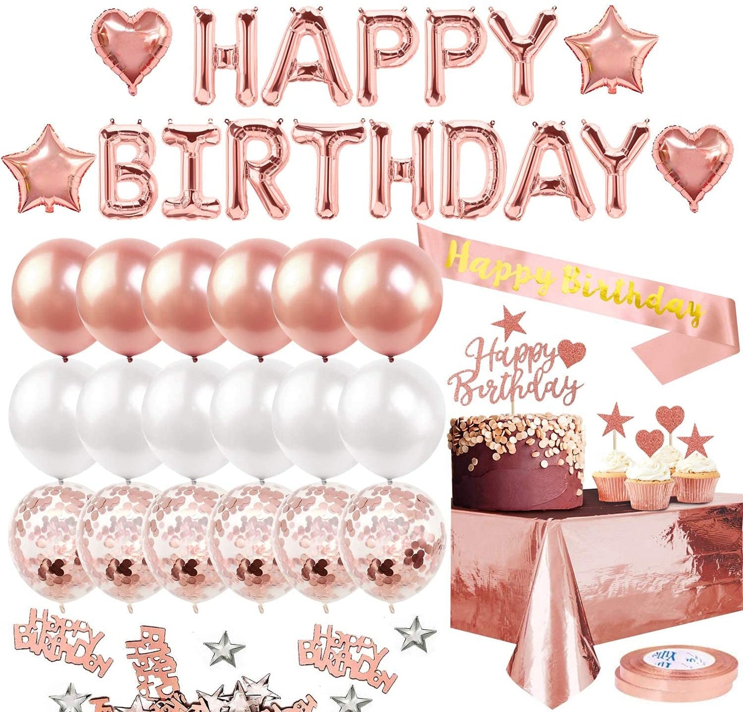 iZoeL Rose Gold Birthday Party Decoration, Happy Birthday Banner, Rose Gold Foil Tablecloth, Birthday Sash, Heart Star Foil Confetti Balloons 11pcs Cake Toppers 10g Table Confetti for Girls Women
