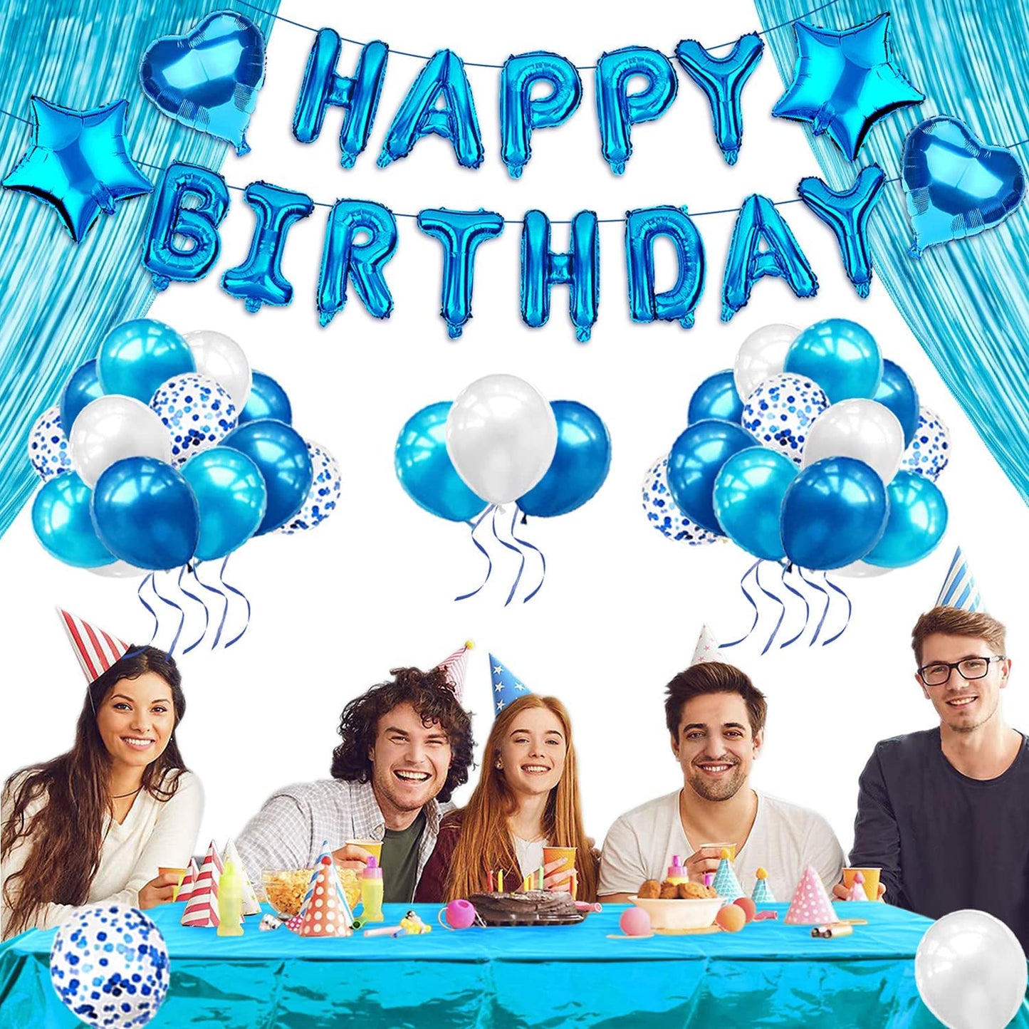 iZoeL Blue Birthday Decoration for Boys, Happy Birthday Banner, Foil Fringe Curtain Tablecloth, Heart Star Confetti Balloons with 10g Birthday Table Confetti for Baby Shower Men Kids