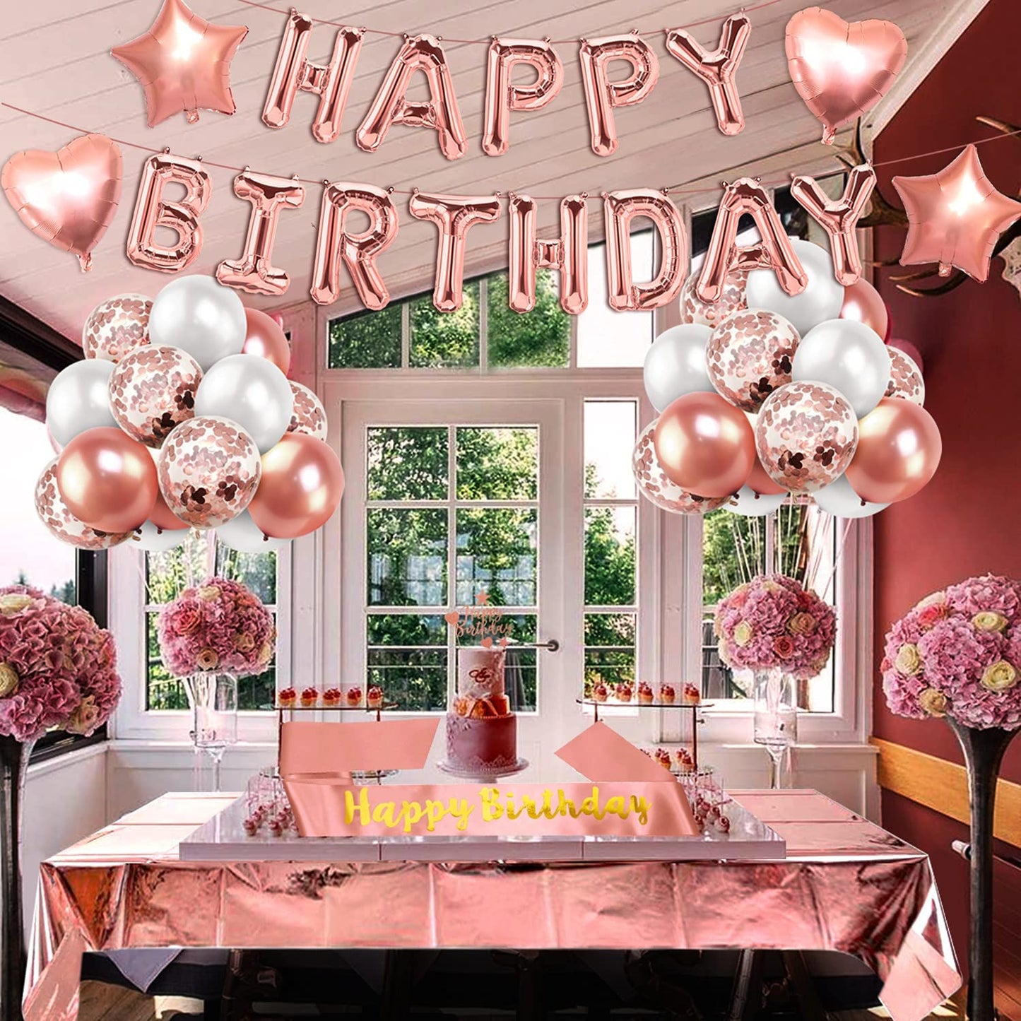iZoeL Rose Gold Birthday Party Decoration, Happy Birthday Banner, Rose Gold Foil Tablecloth, Birthday Sash, Heart Star Foil Confetti Balloons 11pcs Cake Toppers 10g Table Confetti for Girls Women