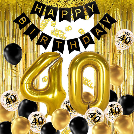 iZoeL 40th Black Gold Birthday Party Decoration, Happy Birthday Banner, Helium Number Balloon 40 XXL, 2 Gold Fringe Curtain, Latex Confetti Balloon, Table Confetti for Man Girl Women Anniversary