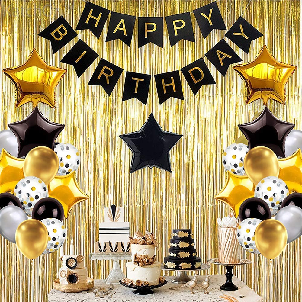 iZoeL Black Gold Silver Party Decorations incl. Birthday Banner 6 star foil balloon 30 latex balloons 10 confetti balloons Happy Birthday star Confetti