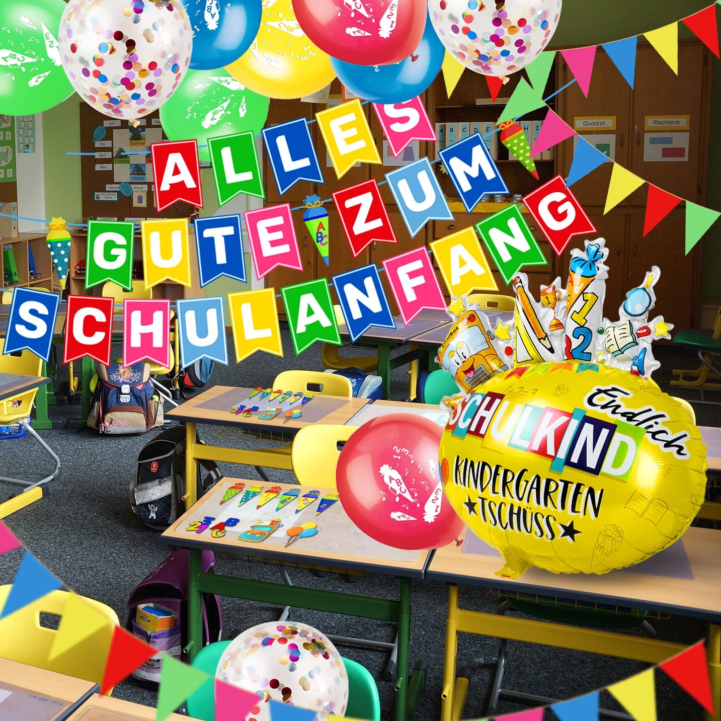 iZoeL Decorative First Day of School Boy Bunting "Alles Gute zum Schulanfang" Banner Foil Balloon Cake Decoration School Cone Craft Set Confetti Girls