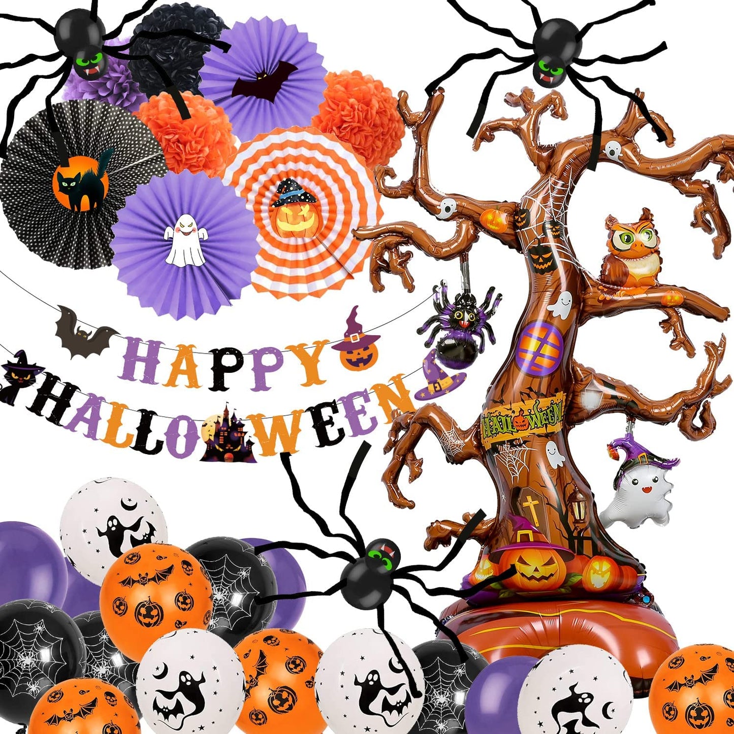 iZoeL Halloween Balloon Party Decoration Big Tree Aluminum Film Pulling Flag Folding Flowers Spider A Roll of Crepe Paper