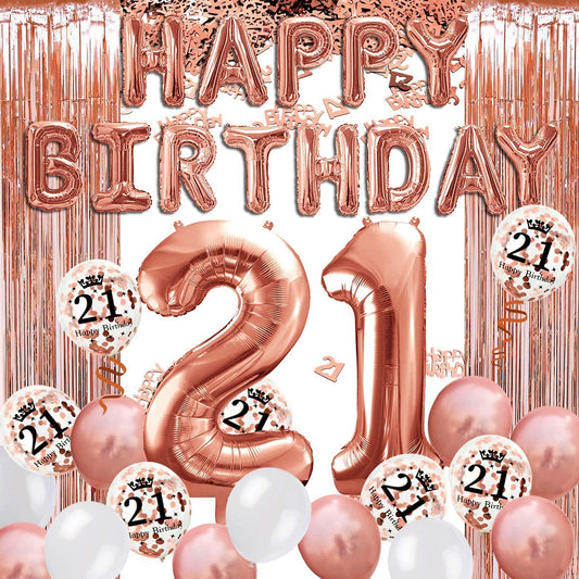 iZoeL 21th Rose Gold Birthday Party Decoration Happy Birthday Banner Helium Number Balloon 21 XXL, 2 Rose Gold Fringe Curtain Latex Confetti Balloon Table Confetti Girl Women Anniversary