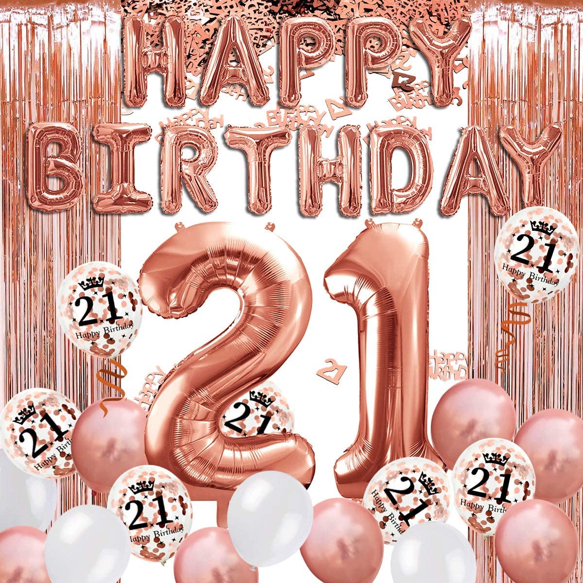 iZoeL 21th Rose Gold Birthday Party Decoration Happy Birthday Banner Helium Number Balloon 21 XXL, 2 Rose Gold Fringe Curtain Latex Confetti Balloon Table Confetti Girl Women Anniversary