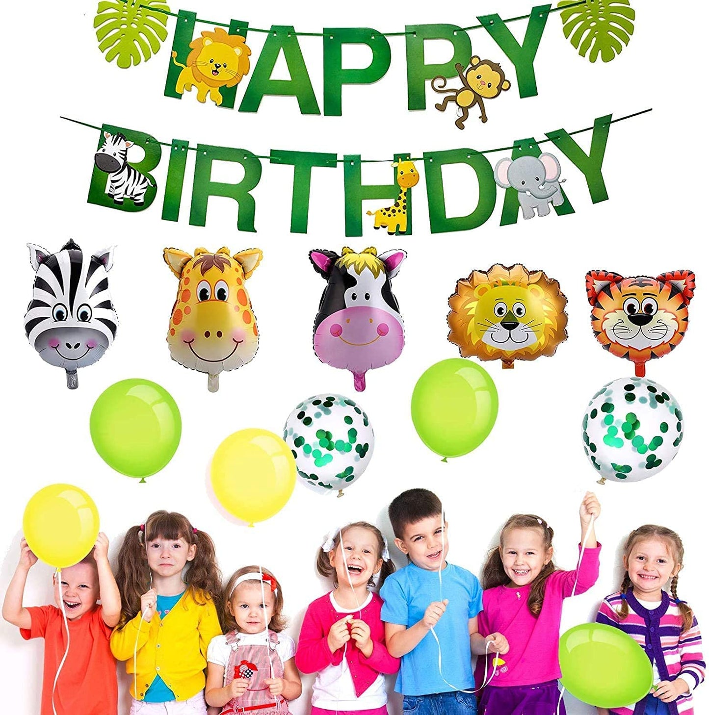 iZoeL Jungle Animals Birthday Party Decorations for Boys Kids Girls, Happy Birthday Banner Animal Balloon Latex Balloons Animal Cake Toppers for 1st 2nd 3rd 4th 5th 6th 7th Jungle Themed Party
