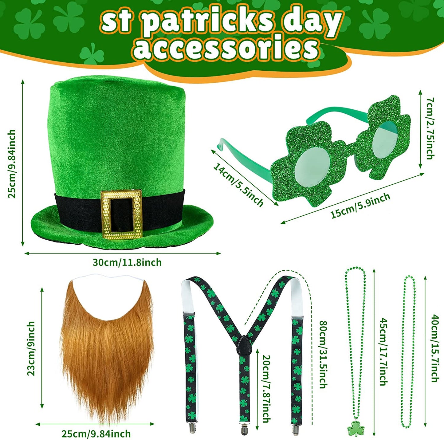 iZoeL St Patricks Day Accessories, Leprechaun Costume St Patricks Day Hat Suspenders Shamrock Glasses Clover Necklaces Irish Fancy Dress Outfits - Men Women kids