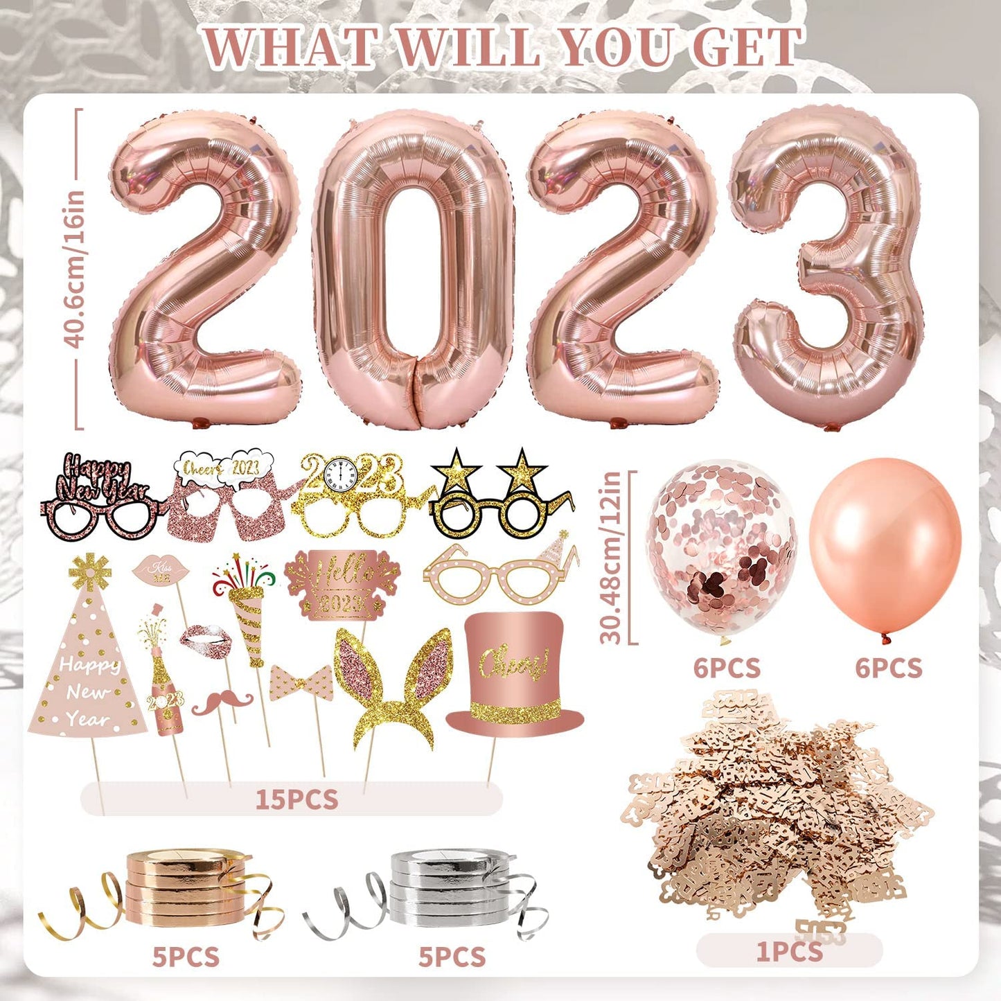iZoeL New Years Decorations 2023 Eve Party Supplies - Rose Gold 2023 Balloons 2023 Glasses New Year Photo Booth Props, Curling Ribbons Table Confetti Decorations - New Years Party Favors