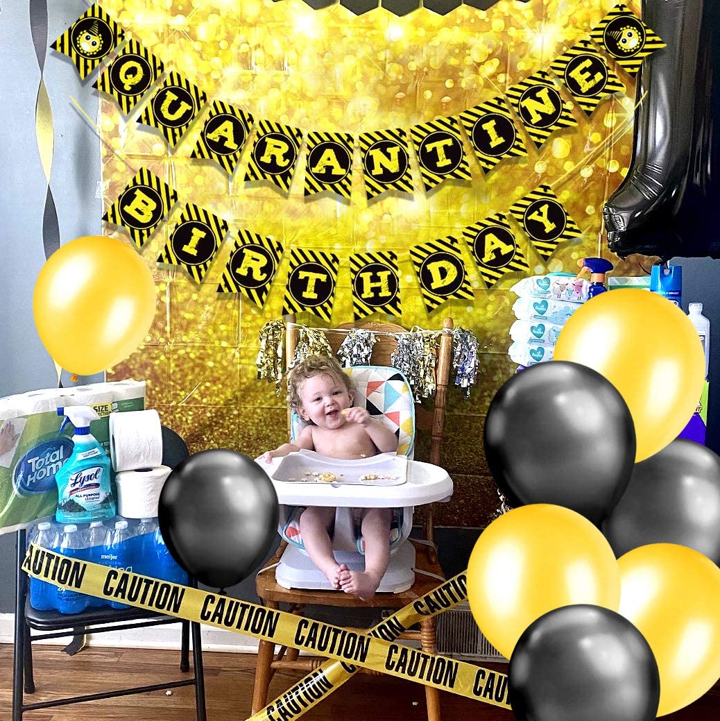 iZoeL Lockdown Birthday Party Decoration Quarantine Birthday Banner Bunting Garlands Latex Yellow Black Balloons and Ribbons for Kids Women Man Home Hospital Lockdown