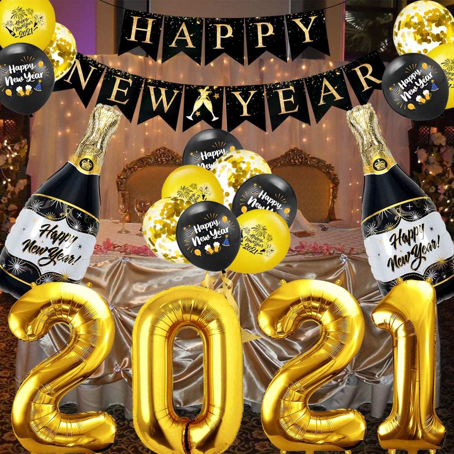 iZoeL Happy New Year Balloon 2021 XXL Set, Black Gold Happy New Year Banner, XXL 2021 Numbers, Bottle Champagne Black Gold Confetti Balloons for New Year's Eve Party Decoration (Black Gold)