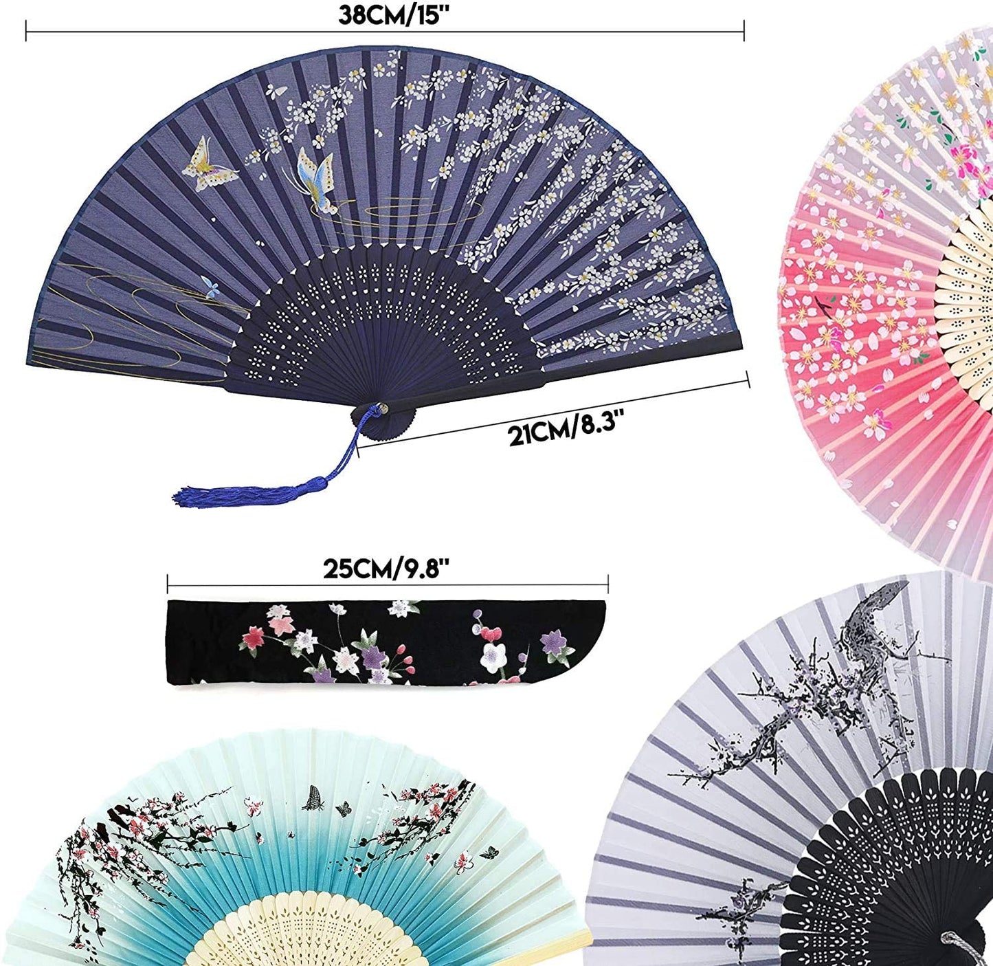 iZoeL Pocket Fans Folding Handheld Bamboo Fans with Tassel with 4 Delicate Bags Wedding Favours Party Guest Gift Wall Decoration Women Fan Blue & grey & Black & Pink