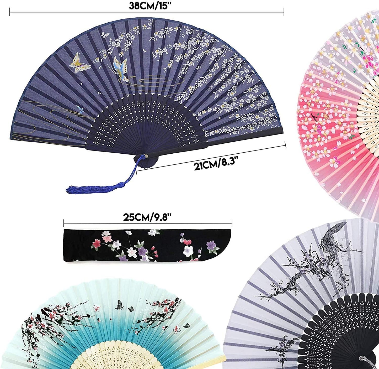 iZoeL Pocket Fans Folding Handheld Bamboo Fans with Tassel with 4 Delicate Bags Wedding Favours Party Guest Gift Wall Decoration Women Fan Blue & grey & Black & Pink
