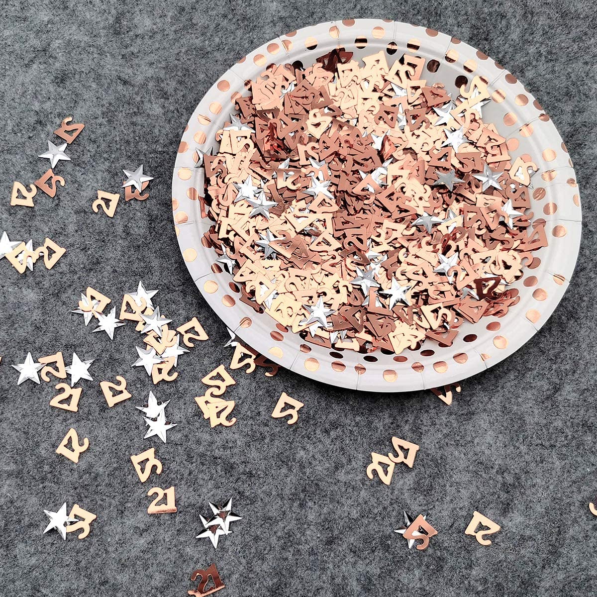 iZoeL 21 Rose Gold Table Confetti Bag 30g incl. 21st Birthday Confetti (1000pcs) Silver Star Confetti Sequin(200pcs) for 21st Birthday Party Wedding Anniversary Table Decoration (Rose Gold 21)