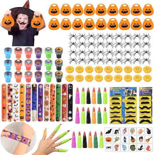 iZoeL 18 Set Spooky Halloween Toys for Kids Halloween Party Bag Fillers with Pumpkin Halloween Sweet Bags Slap Bracelet Stampers Tattoos Finger Halloween Spiders- Halloween Party Favours