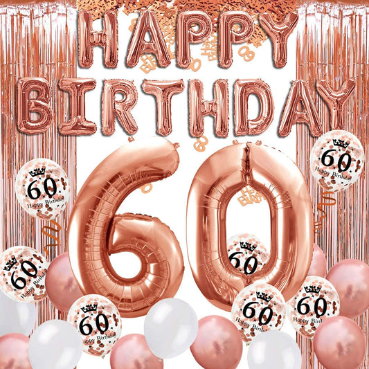 iZoeL 60th Rose Gold Birthday Party Decoration Happy Birthday Banner Helium Number 60 XXL 2 Rose Gold Fringe Curtain Latex Confetti Balloon Table Confetti Girl Women Anniversary