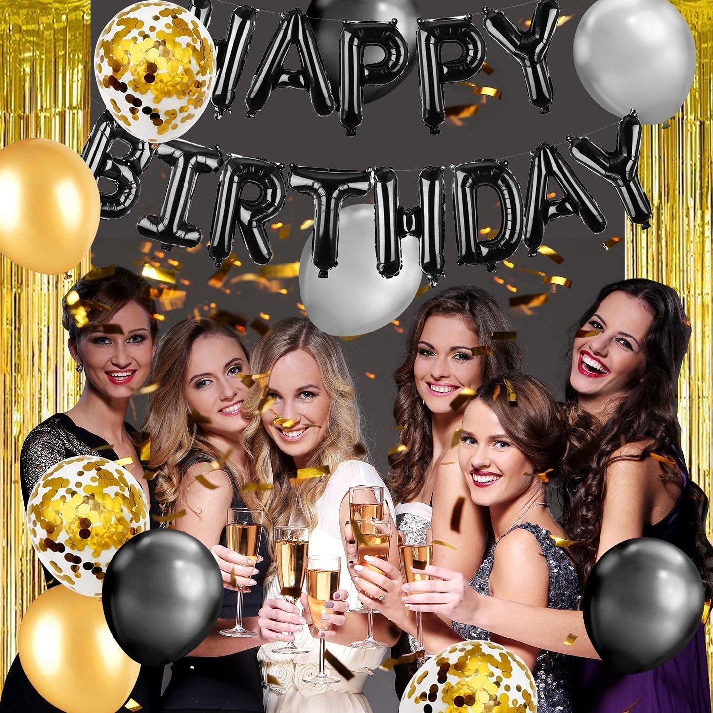 iZoeL Birthday Decorations for Men Women, Black Gold Happy Birthday Banner Balloons, Fringe Curtain, Foil Tablecloth, Heart Star Confetti Balloons and 10g Table Confetti