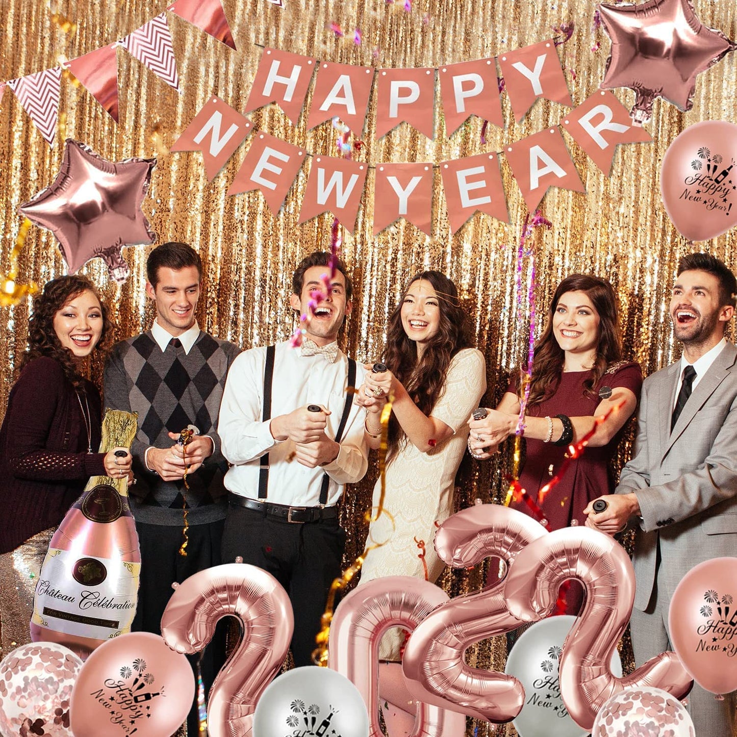 iZoeL XXL New Years Eve Party Decorations 2022, Rose Gold Happy New Year Decorations, Happy New Year Banner, 32‘’ 2022 Balloons, 40‘’ Bottle Champagne Balloons, Triangle Flag