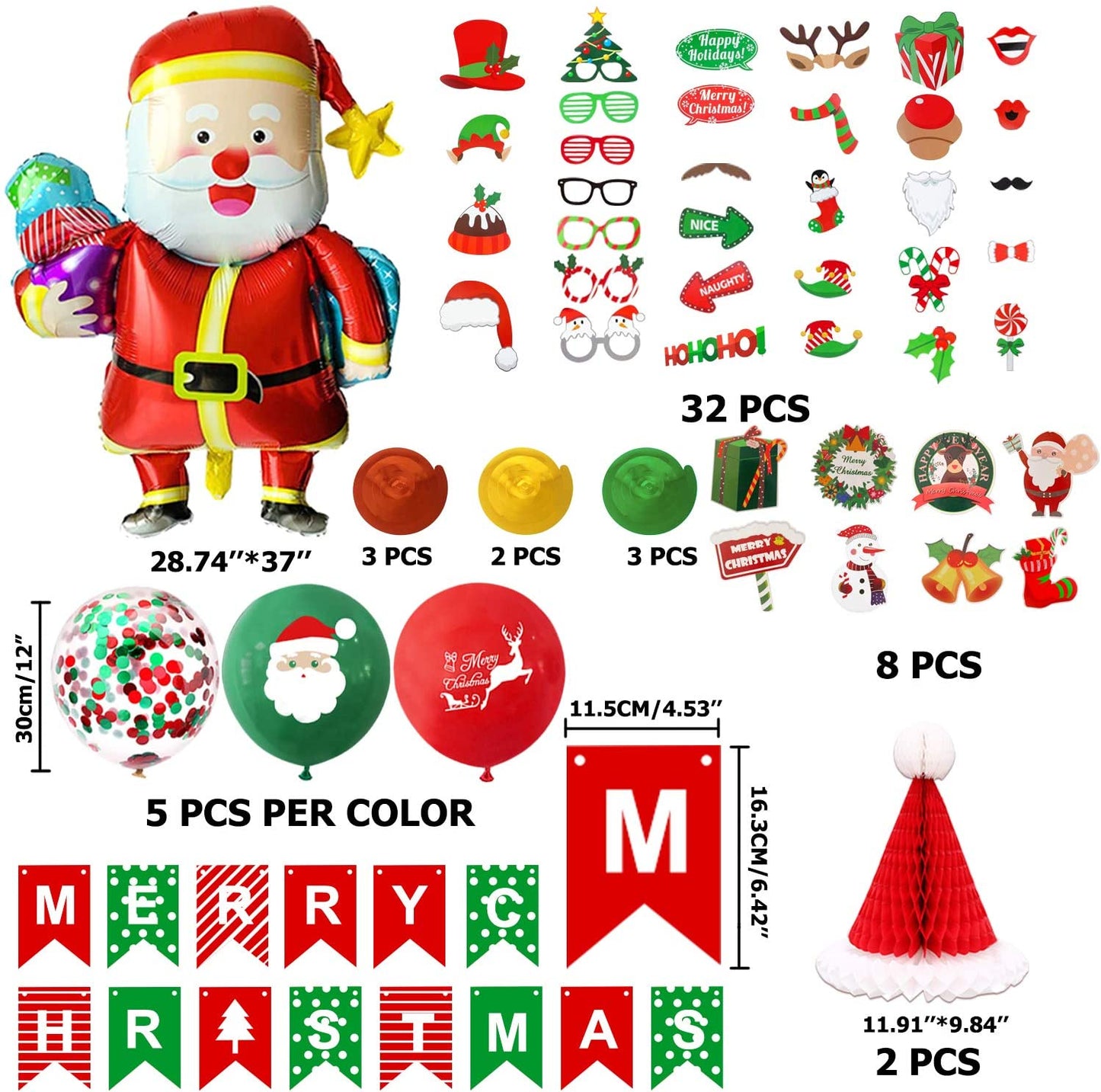 iZoeL XXL Merry Christmas Decoration Balloon Set, Merry Christmas Banner, Xmas Hanging Swirl, XXL Santa Claus Balloon, Floating Santa Claus Hat, Photo Booth Props for Christmas Eve Party Supplies