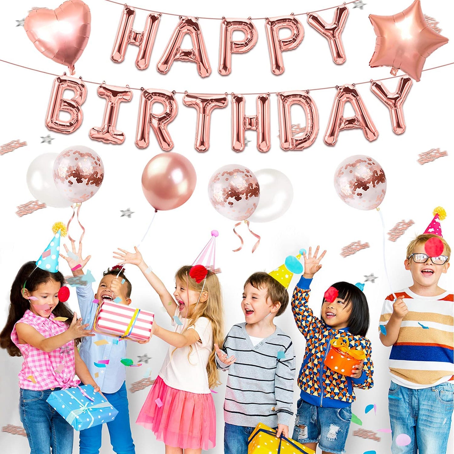 iZoeL Rose Gold Birthday Party Decoration, Happy Birthday Banner, Rose Gold Foil Tablecloth, Birthday Sash, Heart Star Foil Confetti Balloons 11pcs Cake Toppers 10g Table Confetti for Girls Women