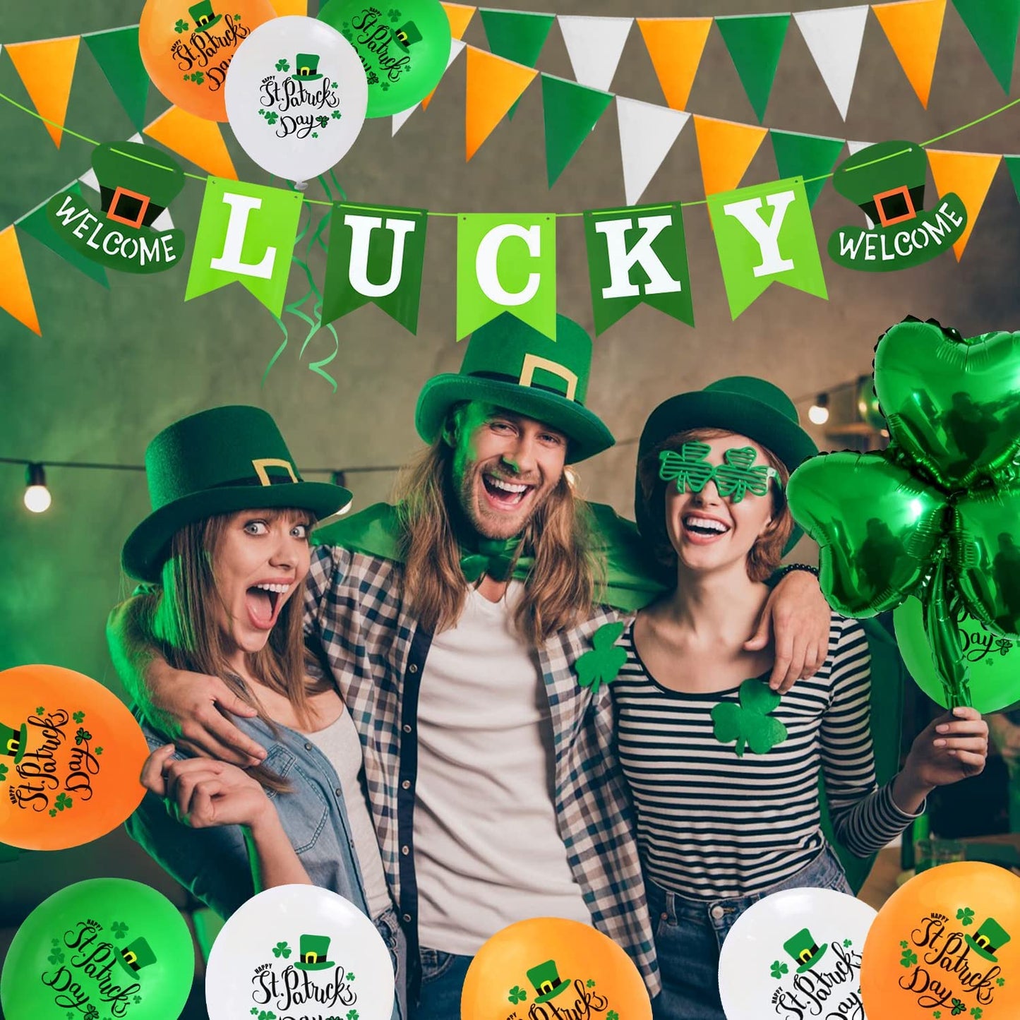iZoeL St Patricks Day Decorations St Patricks Day Accessories, Welcome Lucky Banner Irish Bunting St Patricks Day Balloons Shamrocks Bunting Confetti for Home Bar Paddy's Day Irish Day Party Supplies