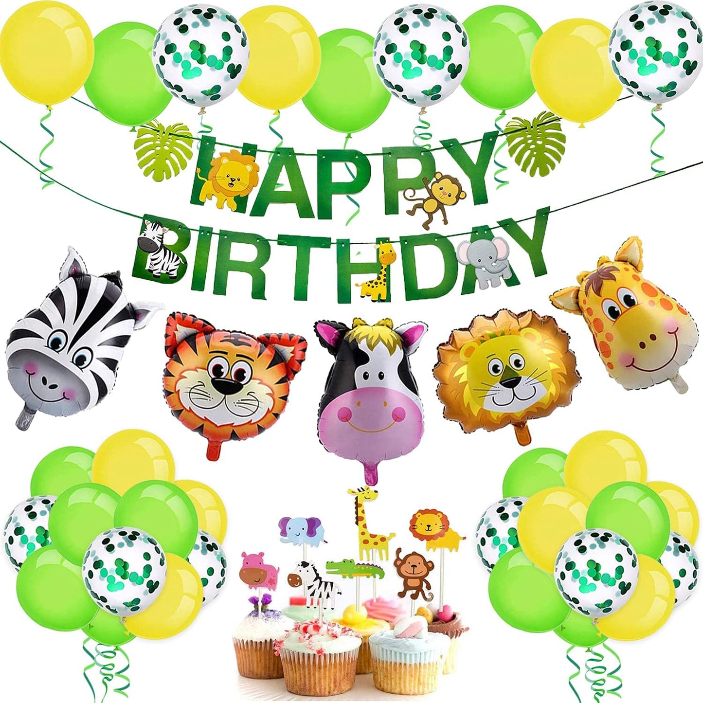 iZoeL Jungle Animals Birthday Party Decorations for Boys Kids Girls, Happy Birthday Banner Animal Balloon Latex Balloons Animal Cake Toppers for 1st 2nd 3rd 4th 5th 6th 7th Jungle Themed Party