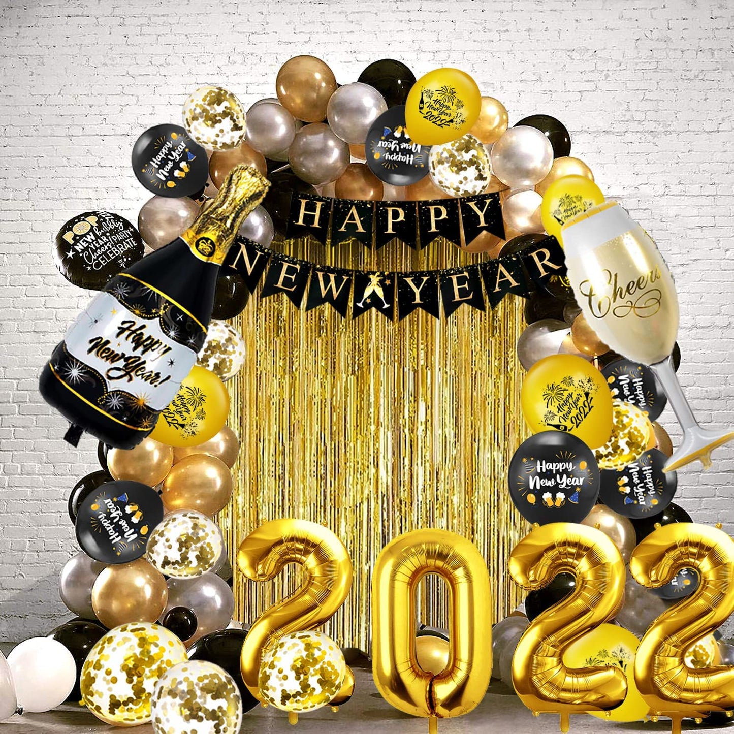 iZoeL New Years Eve Party Decorations 2022, Black Gold Happy New Year Banner, XXL 2022 Balloons, Gold Fringe Curtain, Bottle Champagne Balloons for Happy New Year Decorations