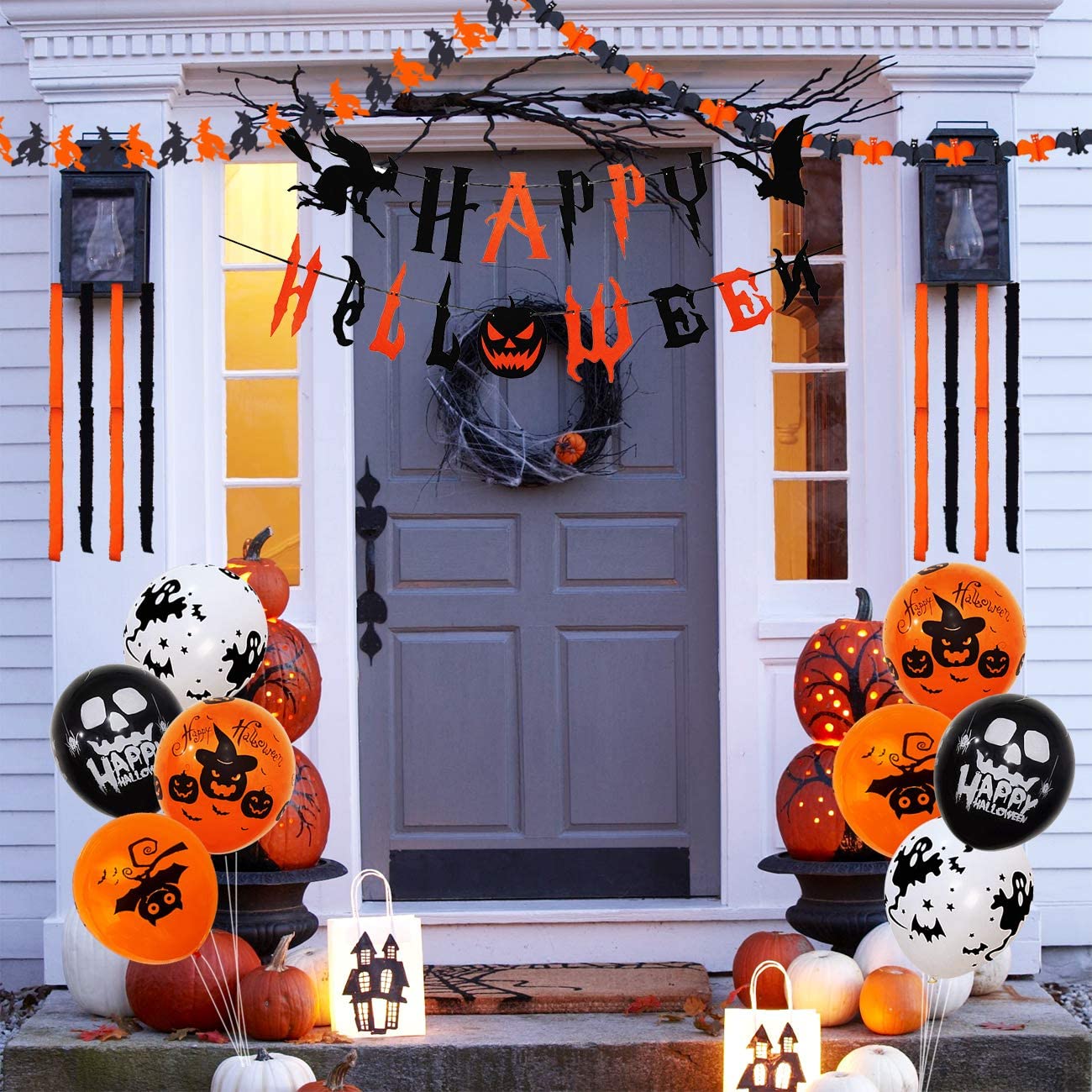 iZoeL Ghost Halloween Decoration Balloon Set, Floating Ghost Flying Bat Happy Halloween Banner Scary Balloons, Halloween Night Party Ideas for Outdoor Indoor Yard Haunted House Props (Red)