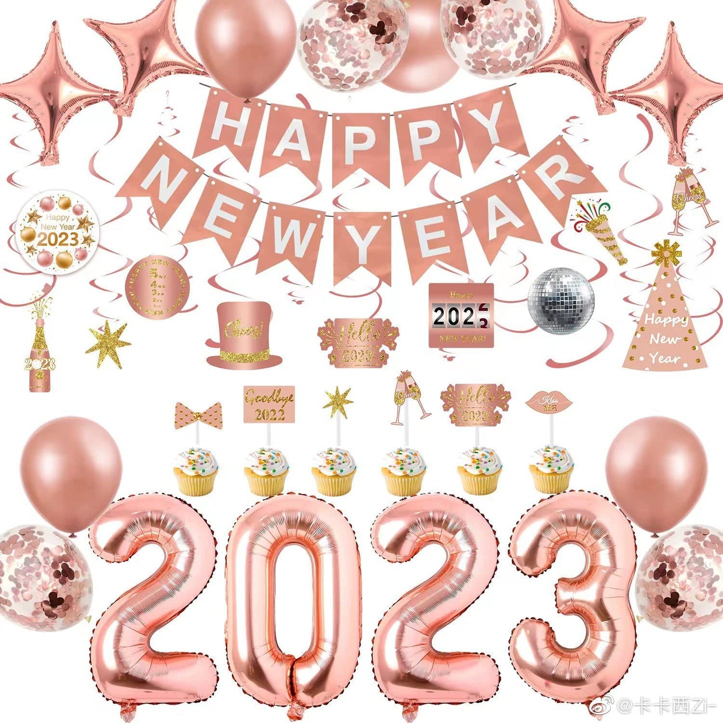 iZoeL New Years Decorations 2023 Eve Party Supplies - Rose Gold 2023 Balloons New Year Hanging Swirl New Year Cake Topper Happy New Year Balloons - 2023 New Years Party Favors